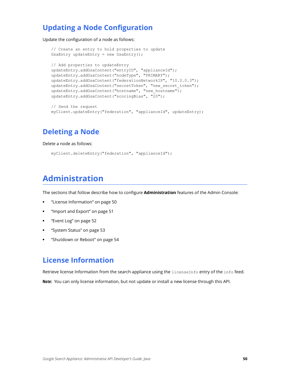 Updating a node configuration, Deleting a node, Administration | License information | Google Search Appliance Administrative API Developers Guide: Java User Manual | Page 50 / 56