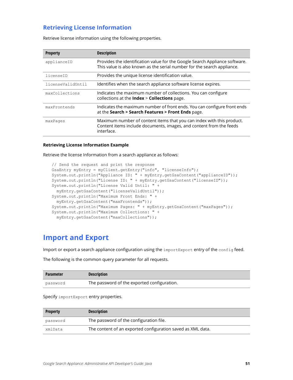 Import and export, Retrieving license information | Google Search Appliance Administrative API Developers Guide: Java User Manual | Page 51 / 56