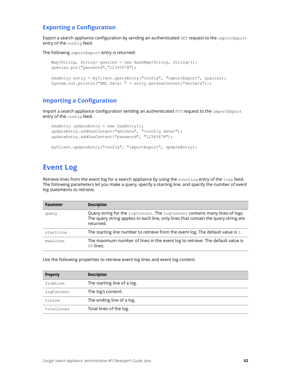 Event log, Exporting a configuration, Importing a configuration | Google Search Appliance Administrative API Developers Guide: Java User Manual | Page 52 / 56