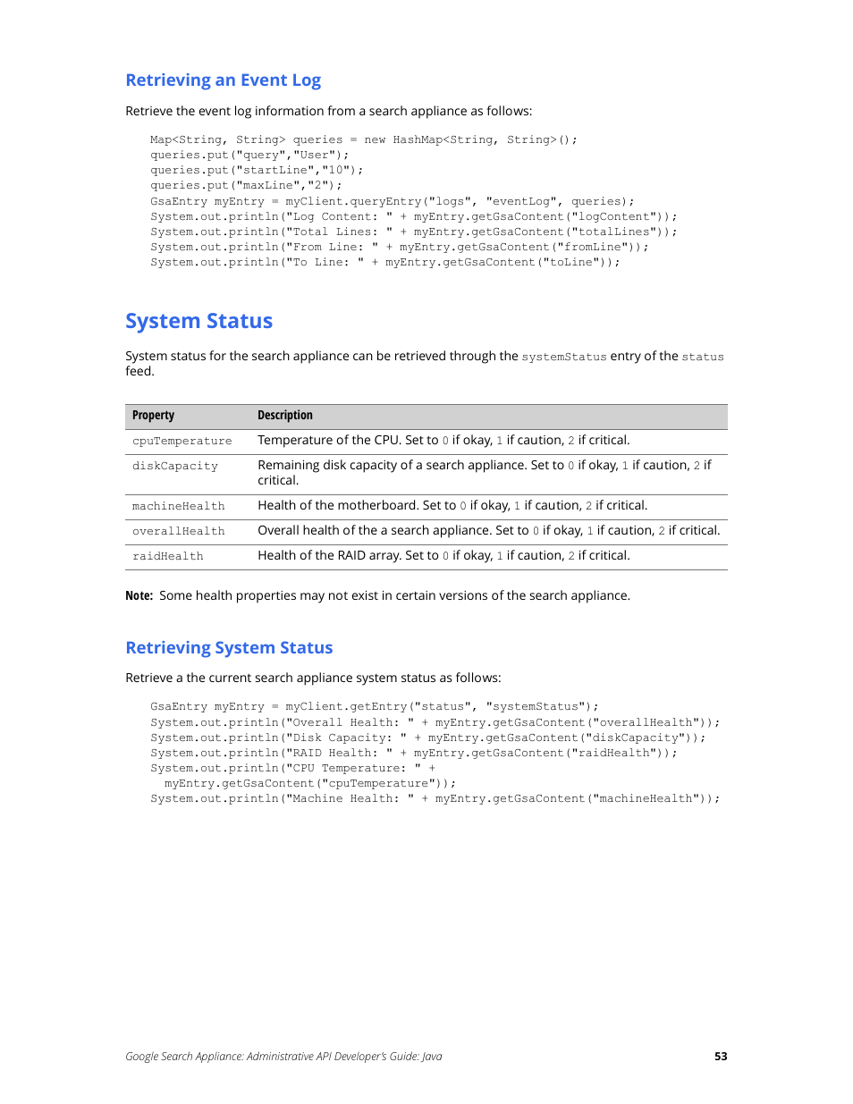 System status, Retrieving an event log, Retrieving system status | Google Search Appliance Administrative API Developers Guide: Java User Manual | Page 53 / 56
