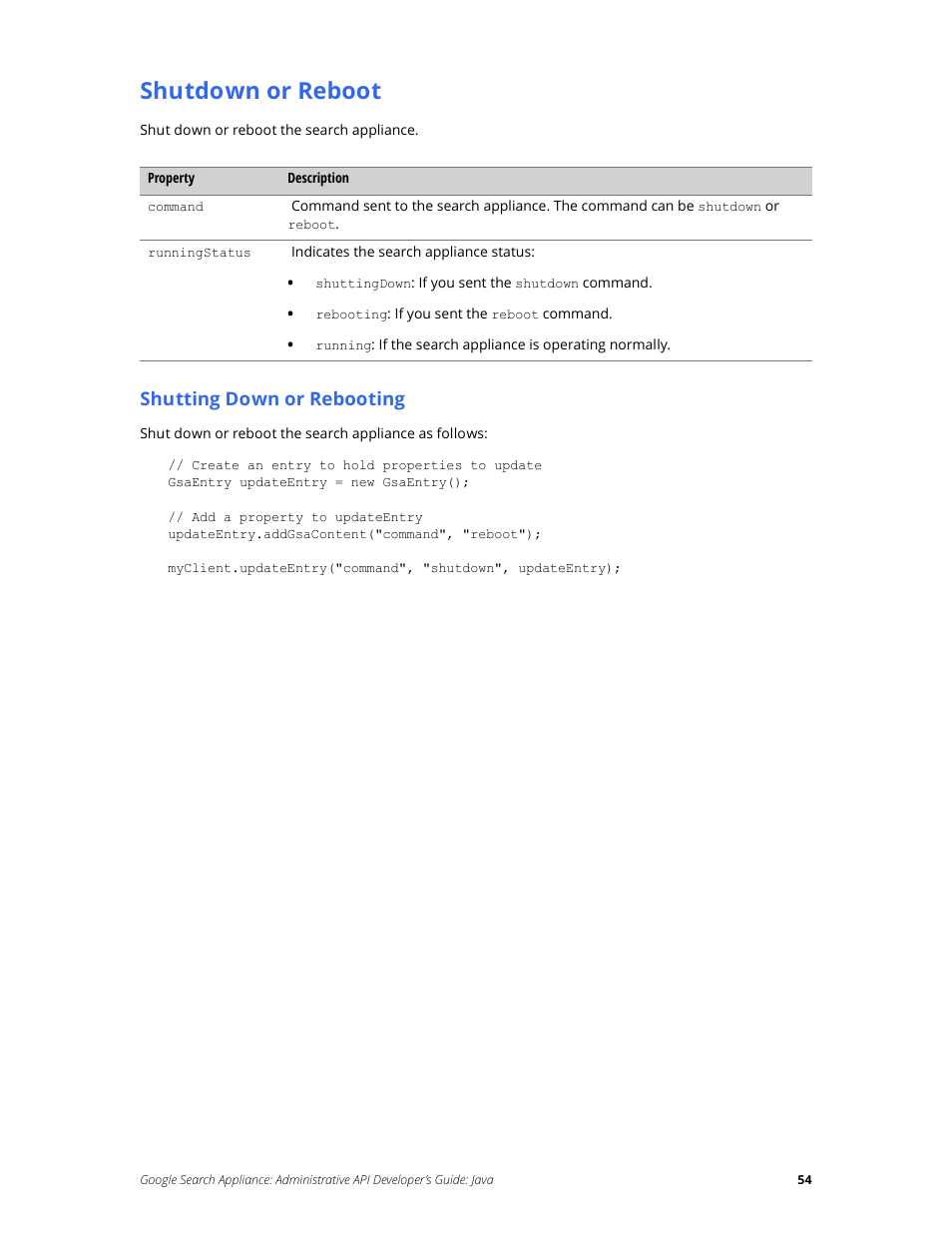 Shutdown or reboot, Shutting down or rebooting | Google Search Appliance Administrative API Developers Guide: Java User Manual | Page 54 / 56