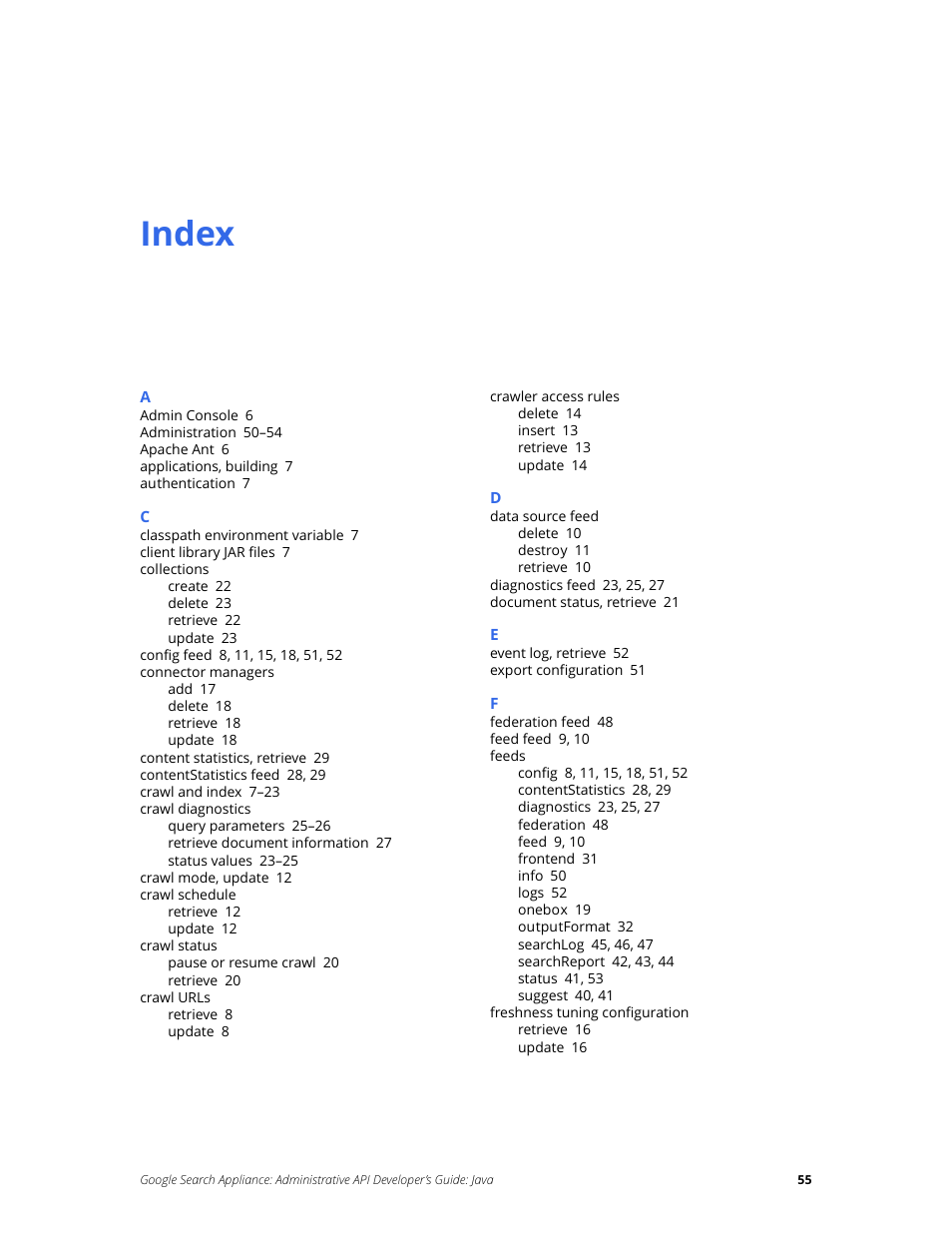 Index | Google Search Appliance Administrative API Developers Guide: Java User Manual | Page 55 / 56