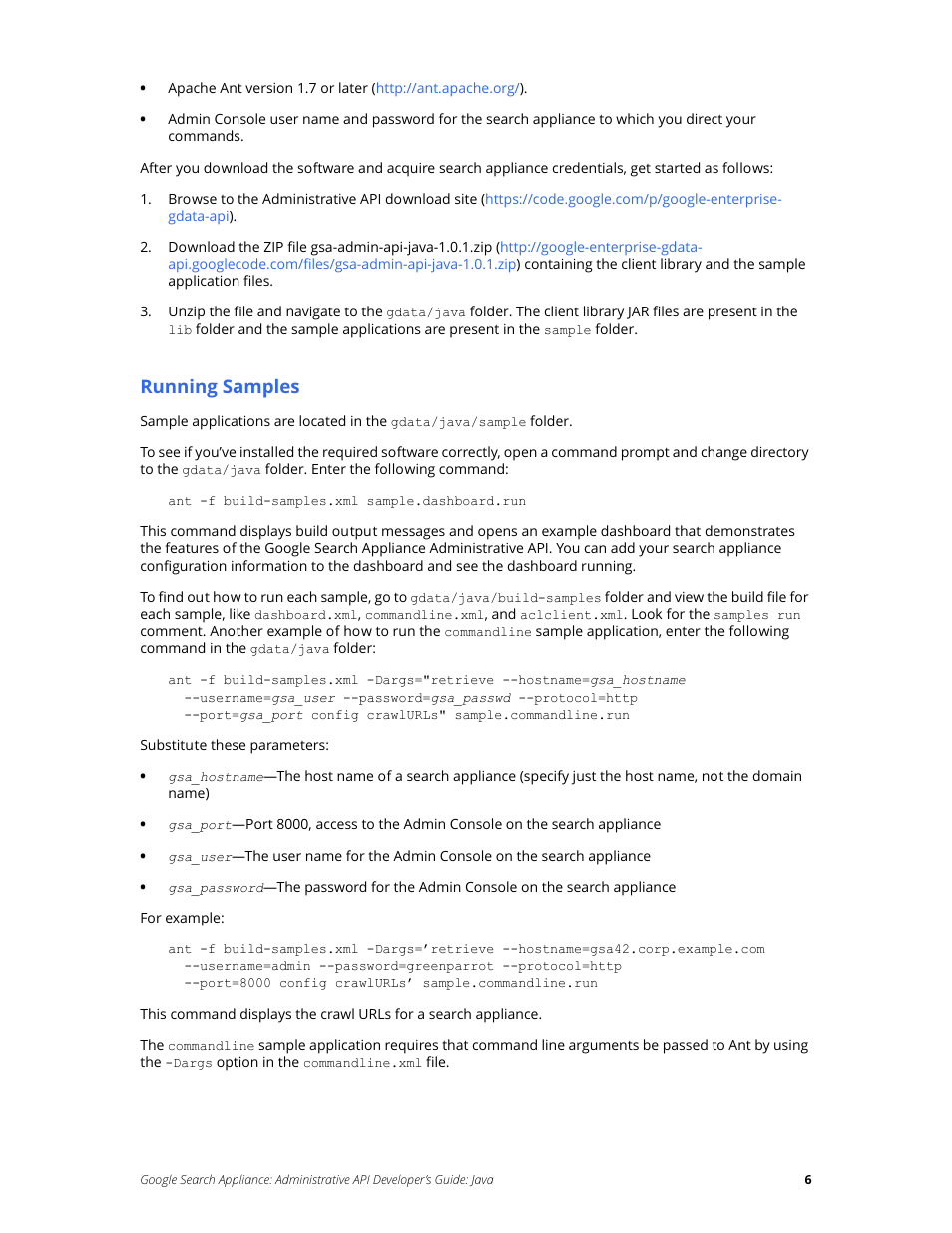 Running samples | Google Search Appliance Administrative API Developers Guide: Java User Manual | Page 6 / 56