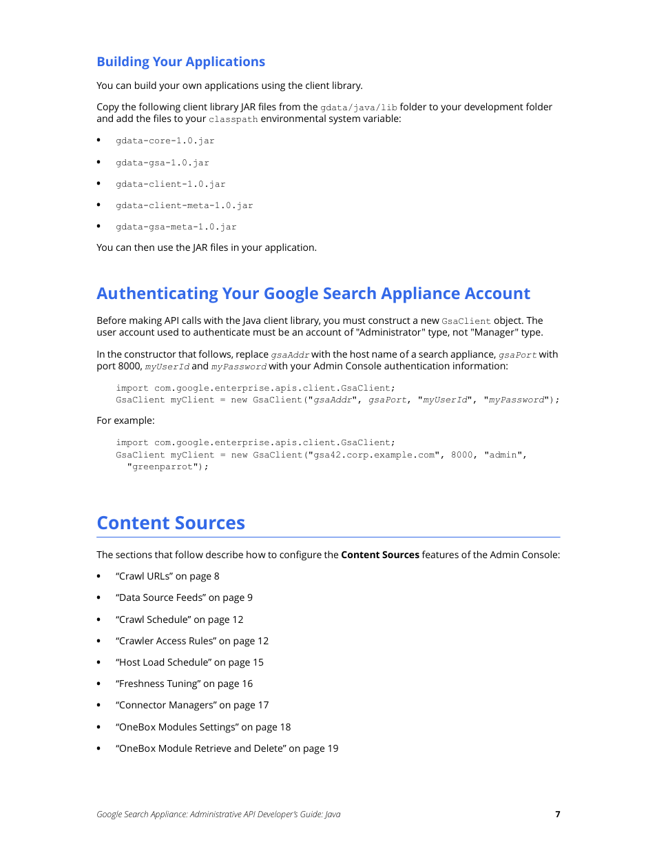 Content sources, Building your applications | Google Search Appliance Administrative API Developers Guide: Java User Manual | Page 7 / 56