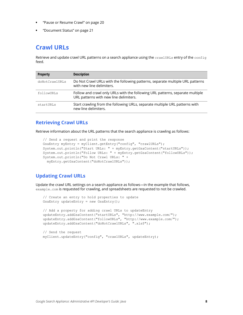 Crawl urls, Retrieving crawl urls, Updating crawl urls | Google Search Appliance Administrative API Developers Guide: Java User Manual | Page 8 / 56