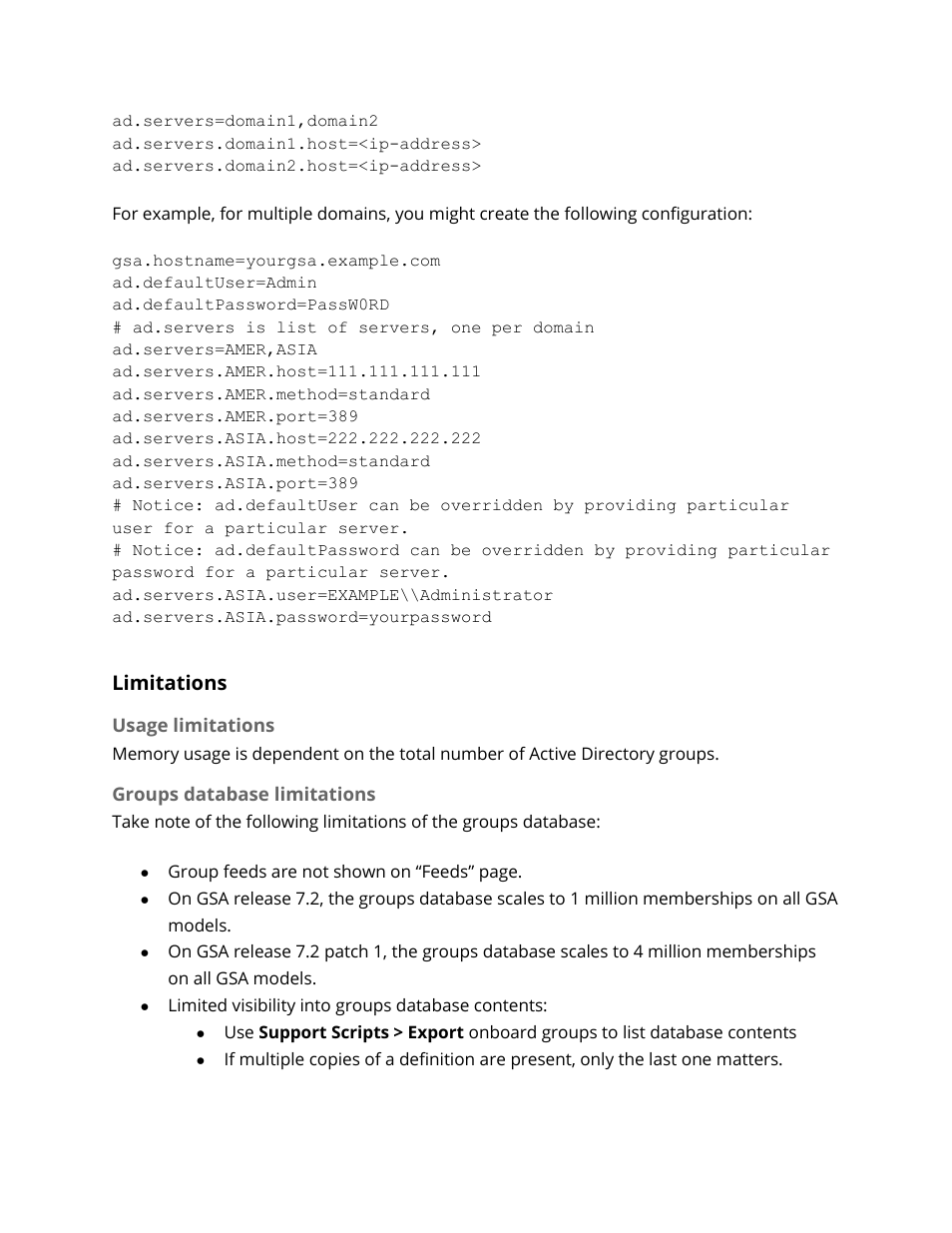 Limitations, Usage limitations, Groups database limitations | Google Search Appliance Connectors Deploying the Connector for Active Directory User Manual | Page 6 / 15