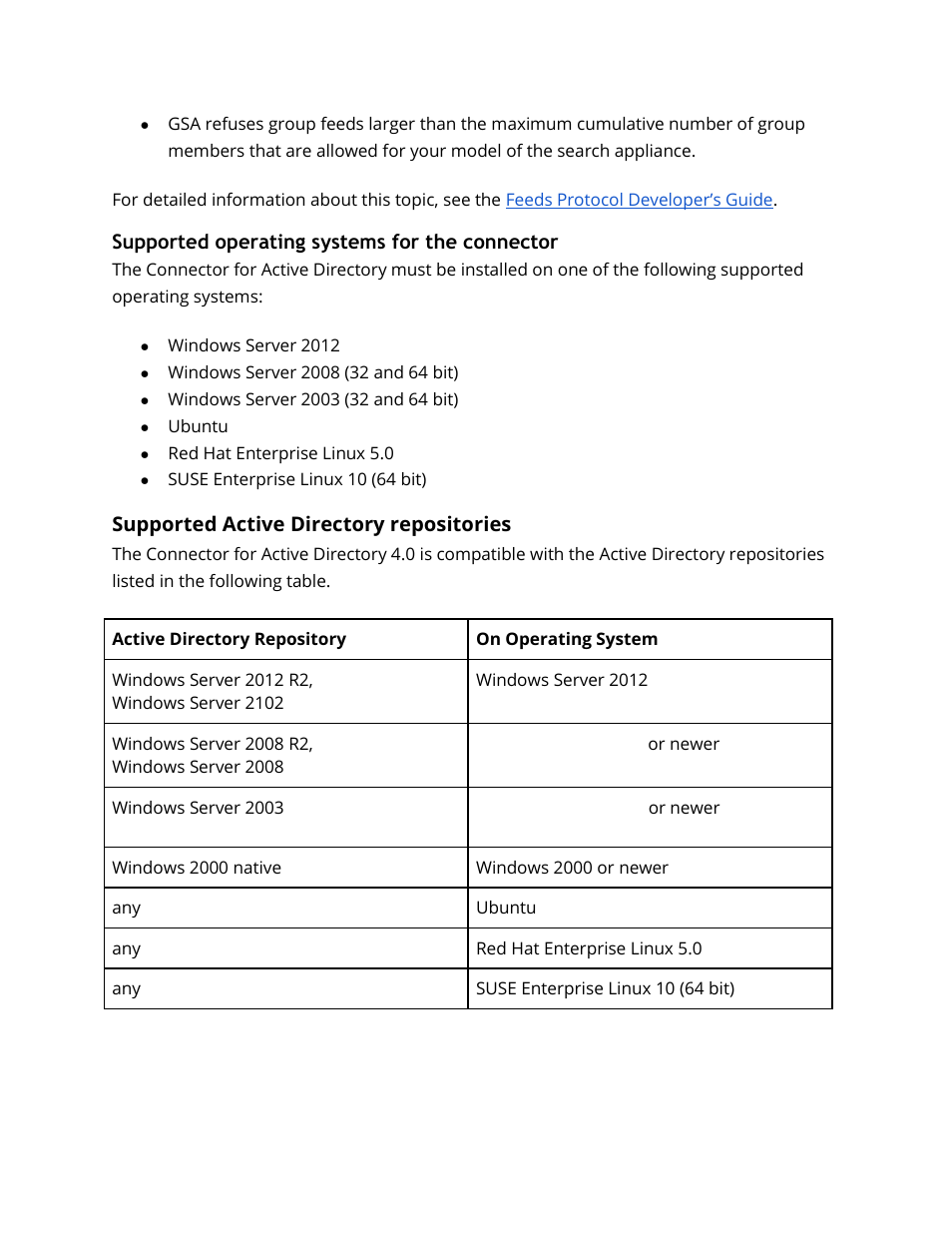Supported operating systems for the connector, Supported active directory repositories | Google Search Appliance Connectors Deploying the Connector for Active Directory User Manual | Page 7 / 15