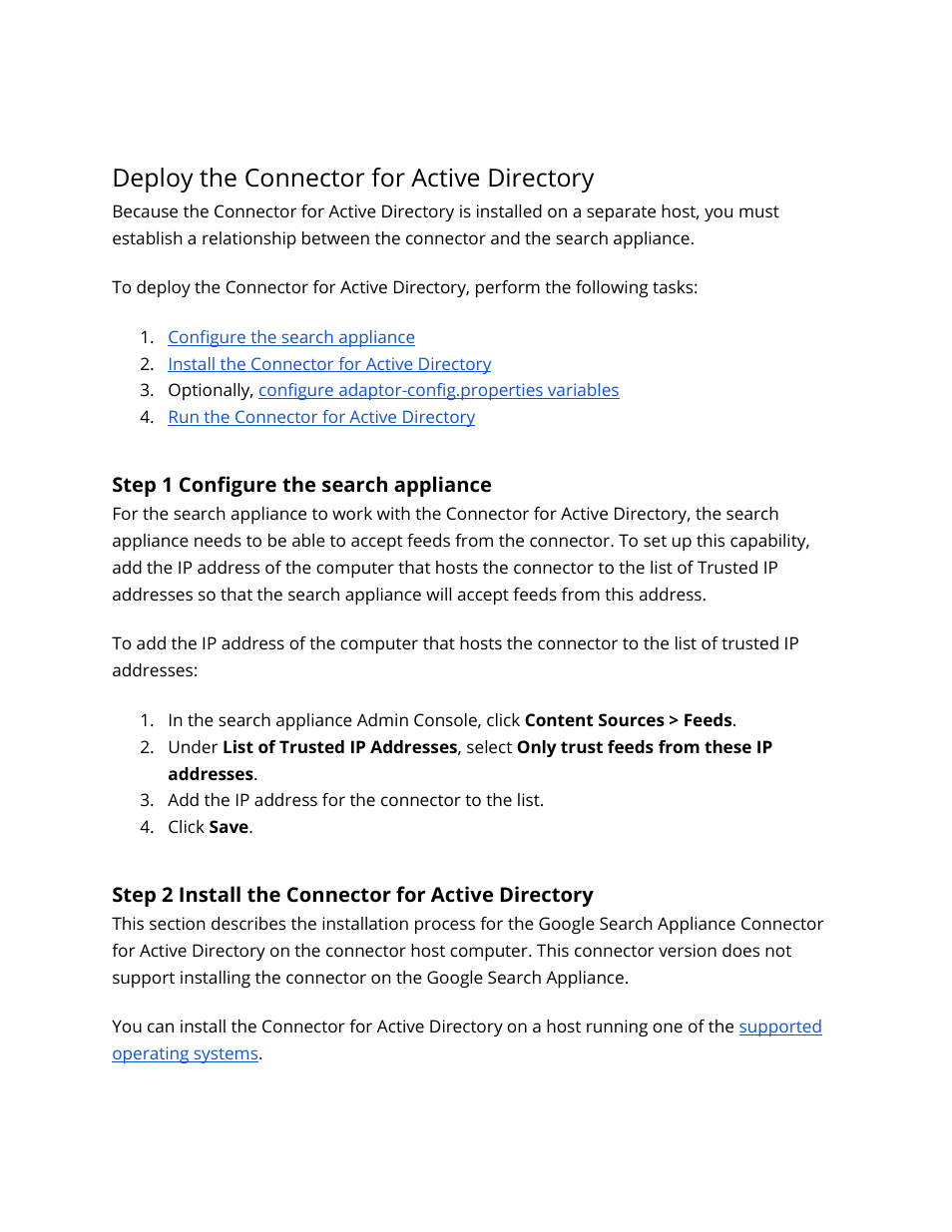 Deploy the connector for active directory, Step 1 configure the search appliance, Step 2 install the connector for active directory | Step 2 install the connector, For active directory | Google Search Appliance Connectors Deploying the Connector for Active Directory User Manual | Page 9 / 15