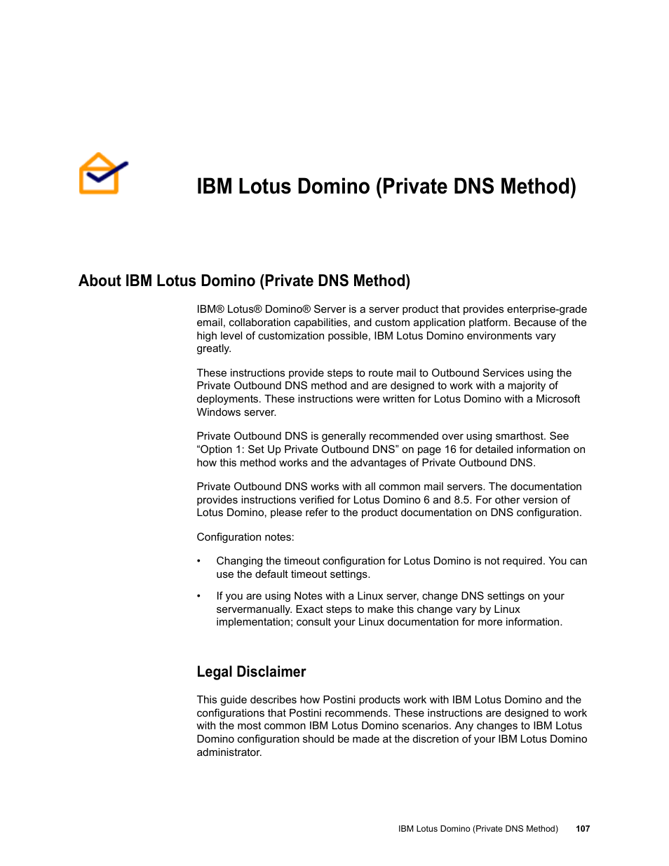 Ibm lotus domino (private dns method), About ibm lotus domino (private dns method), Legal disclaimer | Chapter 10: ibm lotus domino (private dns method) | Google Outbound Services Configuration Guide User Manual | Page 100 / 128