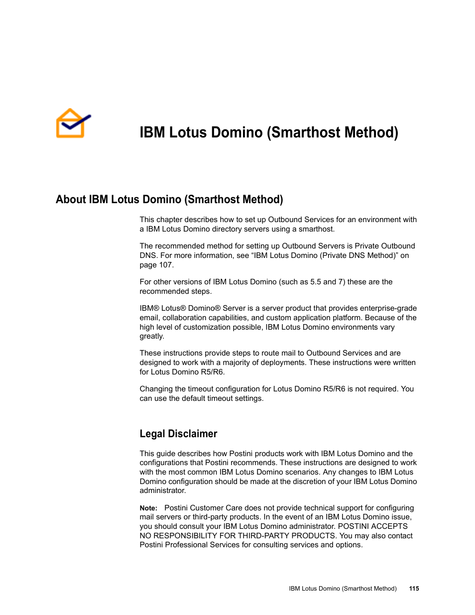 Ibm lotus domino (smarthost method), About ibm lotus domino (smarthost method), Legal disclaimer | Chapter 11: ibm lotus domino (smarthost method) | Google Outbound Services Configuration Guide User Manual | Page 107 / 128