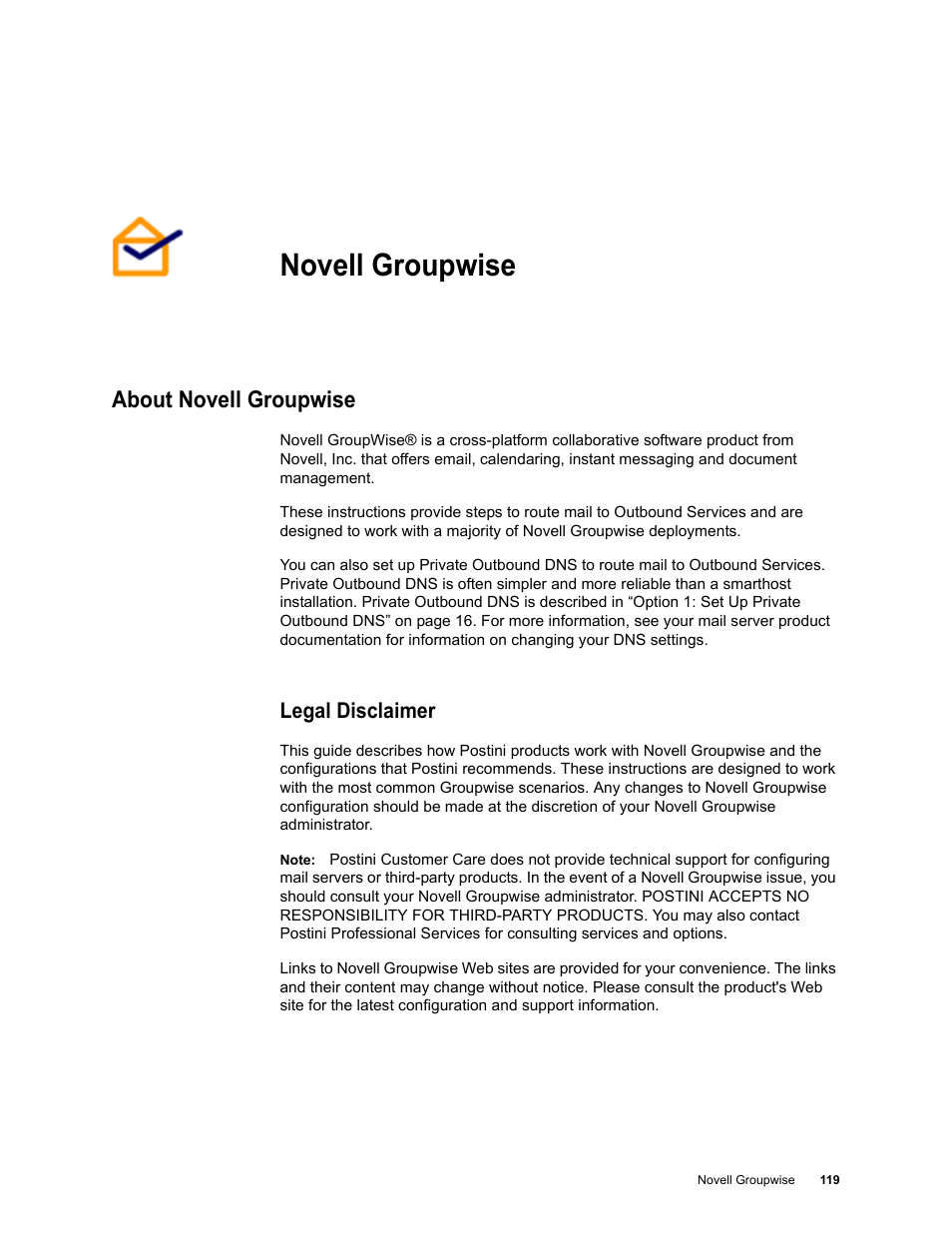 Novell groupwise, About novell groupwise, Legal disclaimer | Chapter 12: novell groupwise | Google Outbound Services Configuration Guide User Manual | Page 111 / 128