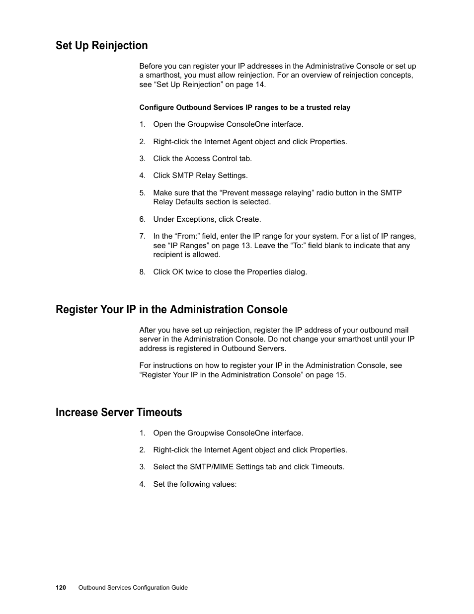 Set up reinjection, Register your ip in the administration console, Increase server timeouts | Google Outbound Services Configuration Guide User Manual | Page 112 / 128