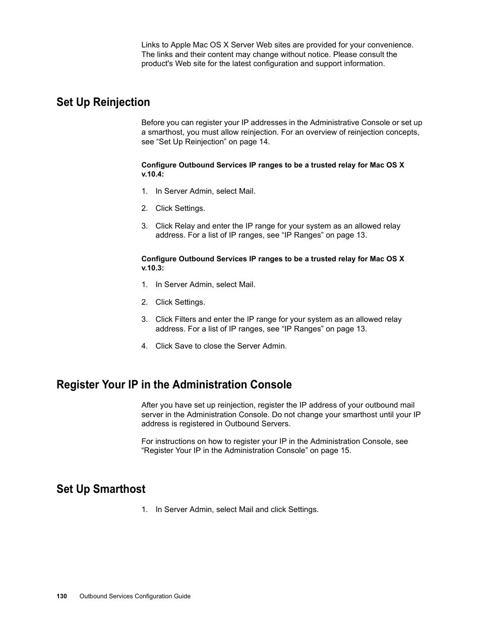 Set up reinjection, Register your ip in the administration console, Set up smarthost | Google Outbound Services Configuration Guide User Manual | Page 121 / 128