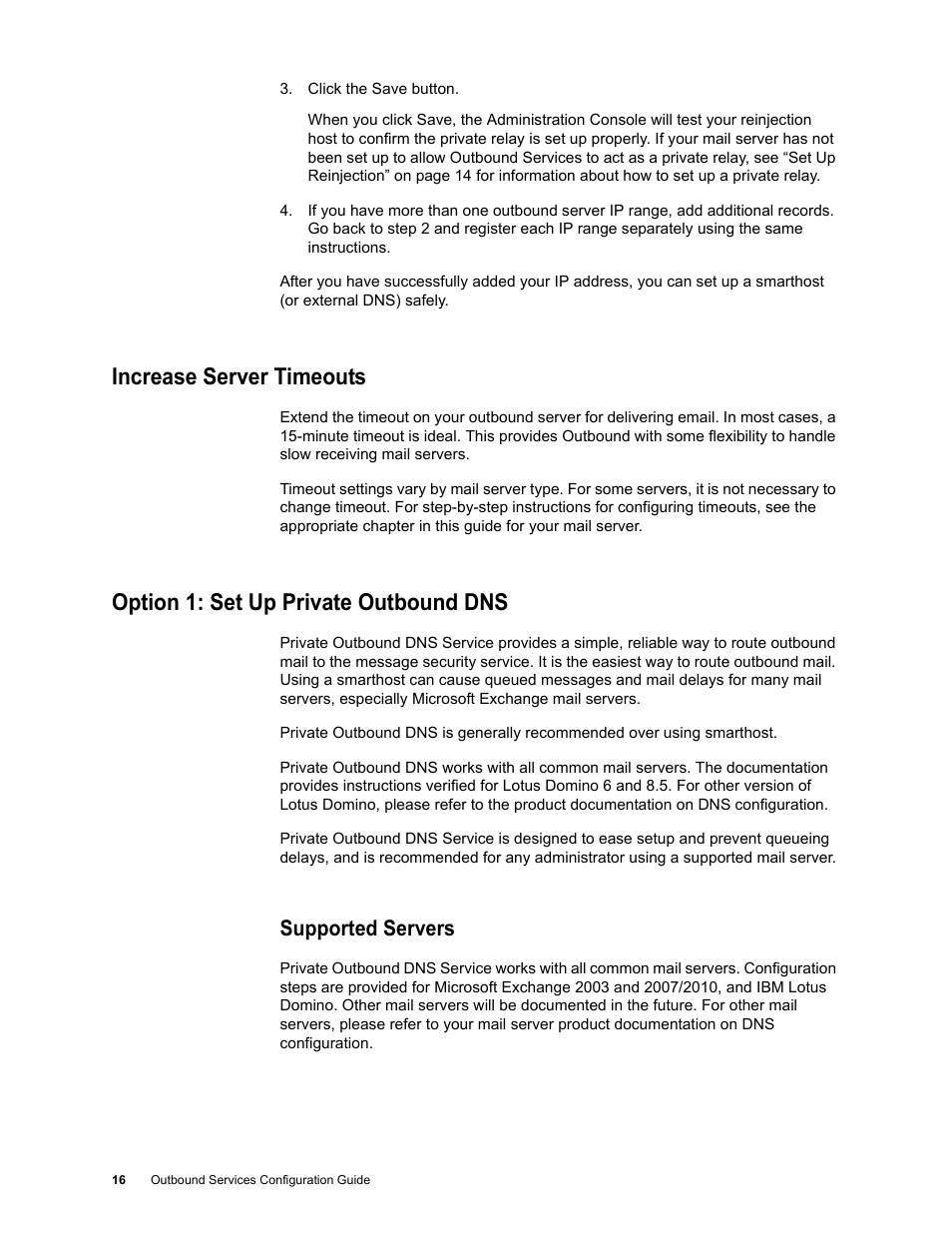 Increase server timeouts, Option 1: set up private outbound dns, Supported servers | Google Outbound Services Configuration Guide User Manual | Page 15 / 128