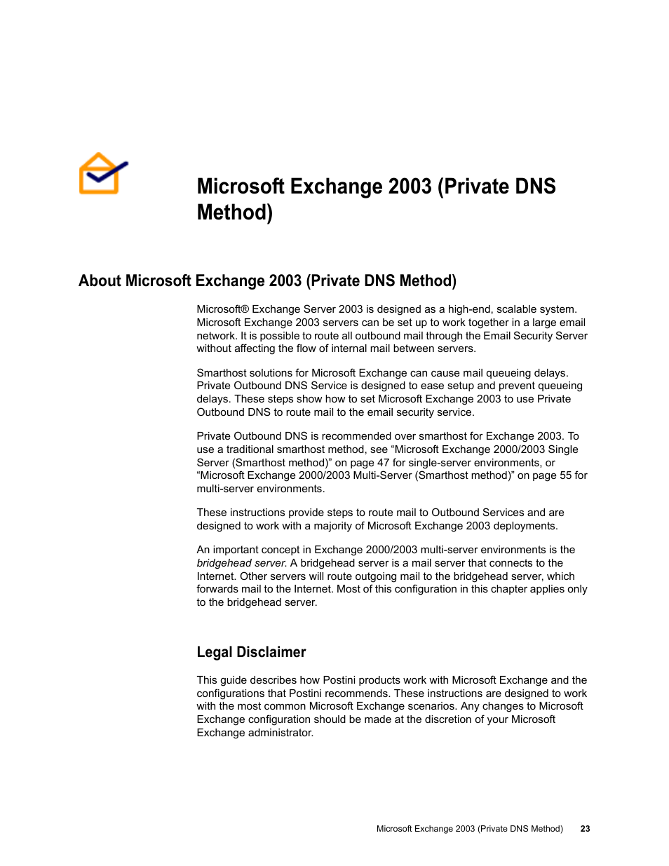 Microsoft exchange 2003 (private dns method), About microsoft exchange 2003 (private dns method), Legal disclaimer | Google Outbound Services Configuration Guide User Manual | Page 21 / 128