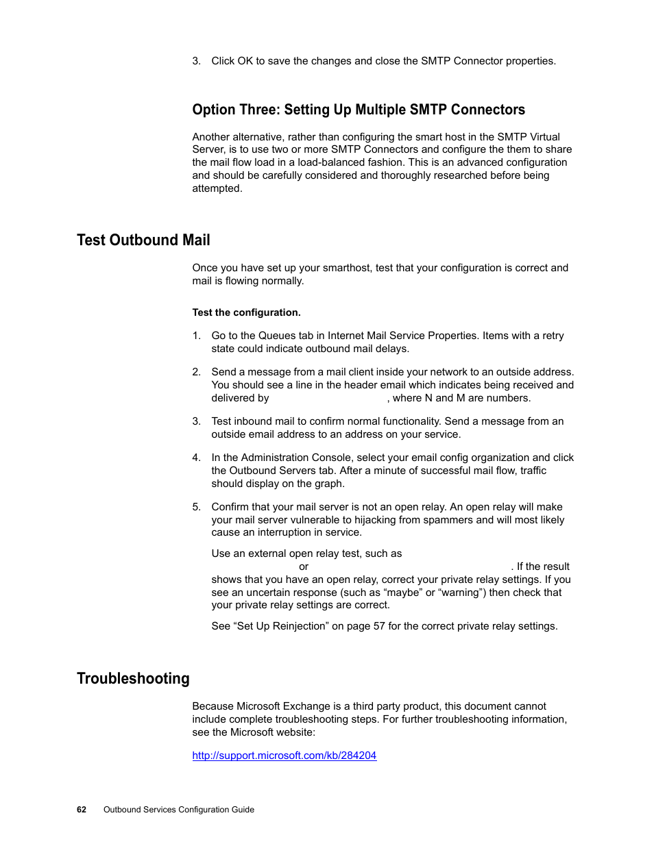 Option three: setting up multiple smtp connectors, Test outbound mail, Troubleshooting | Google Outbound Services Configuration Guide User Manual | Page 58 / 128