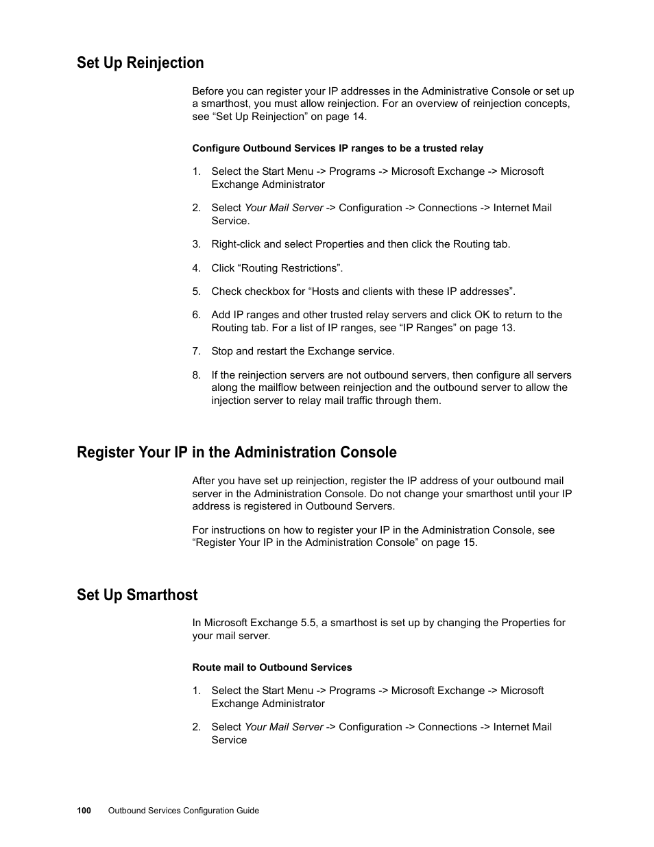 Set up reinjection, Register your ip in the administration console, Set up smarthost | Google Outbound Services Configuration Guide User Manual | Page 94 / 128