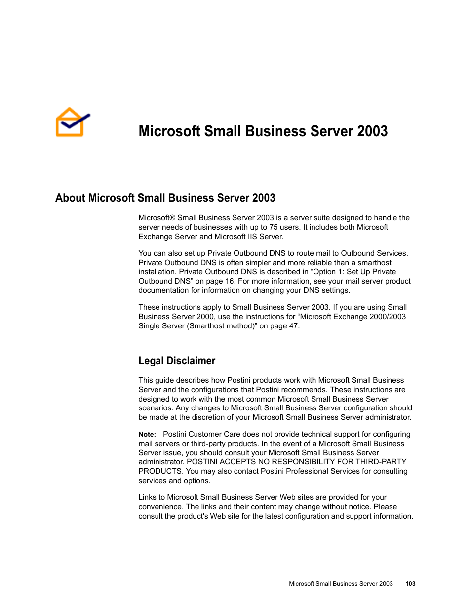 Microsoft small business server 2003, About microsoft small business server 2003, Legal disclaimer | Chapter 9: microsoft small business server 2003 | Google Outbound Services Configuration Guide User Manual | Page 96 / 128