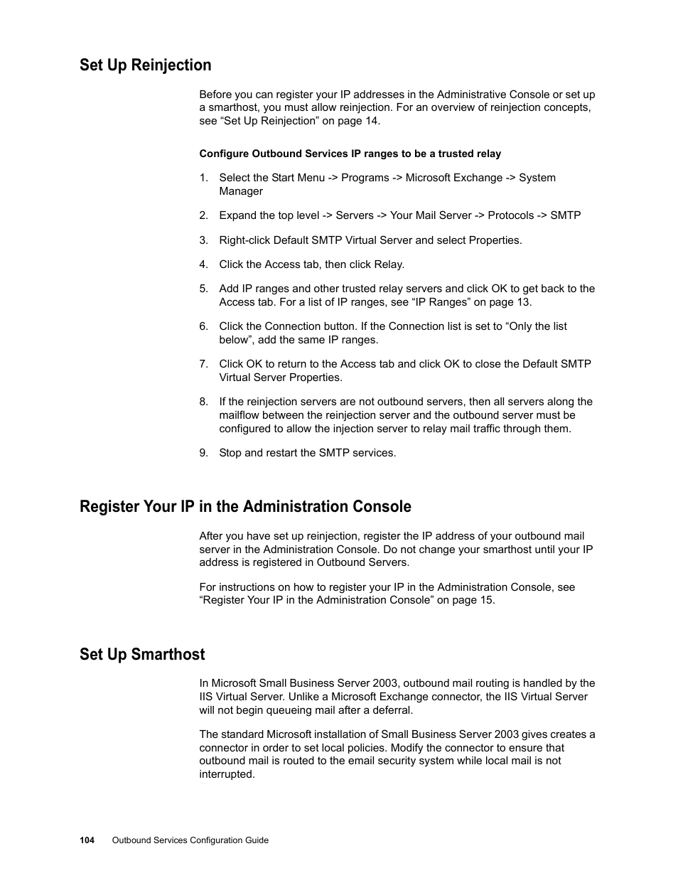 Set up reinjection, Register your ip in the administration console, Set up smarthost | Google Outbound Services Configuration Guide User Manual | Page 97 / 128