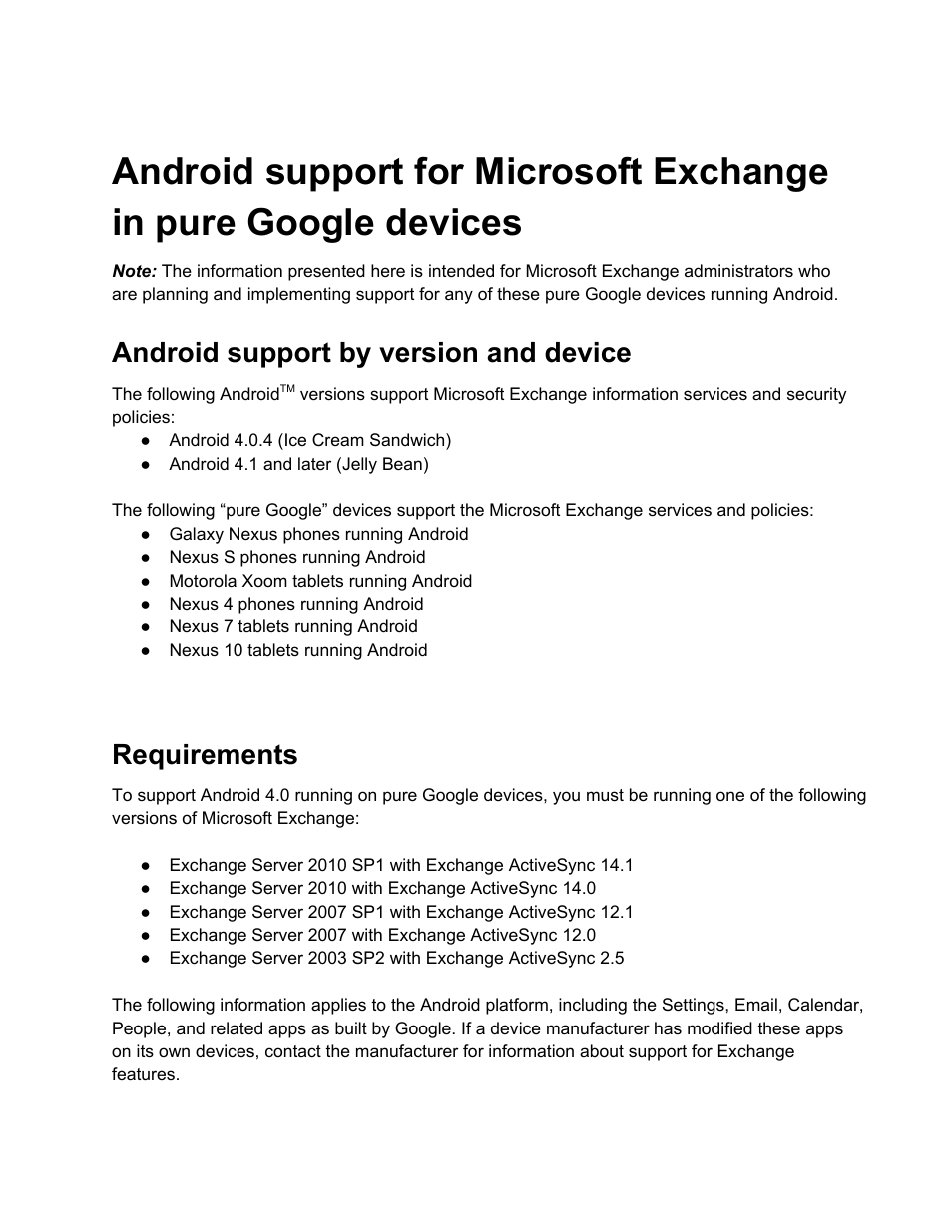 Google Android support for Microsoft Exchange in pure Google devices User Manual | 5 pages