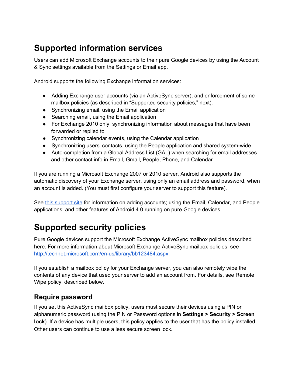 Supported information services, Supported security policies, Require password | Google Android support for Microsoft Exchange in pure Google devices User Manual | Page 2 / 5