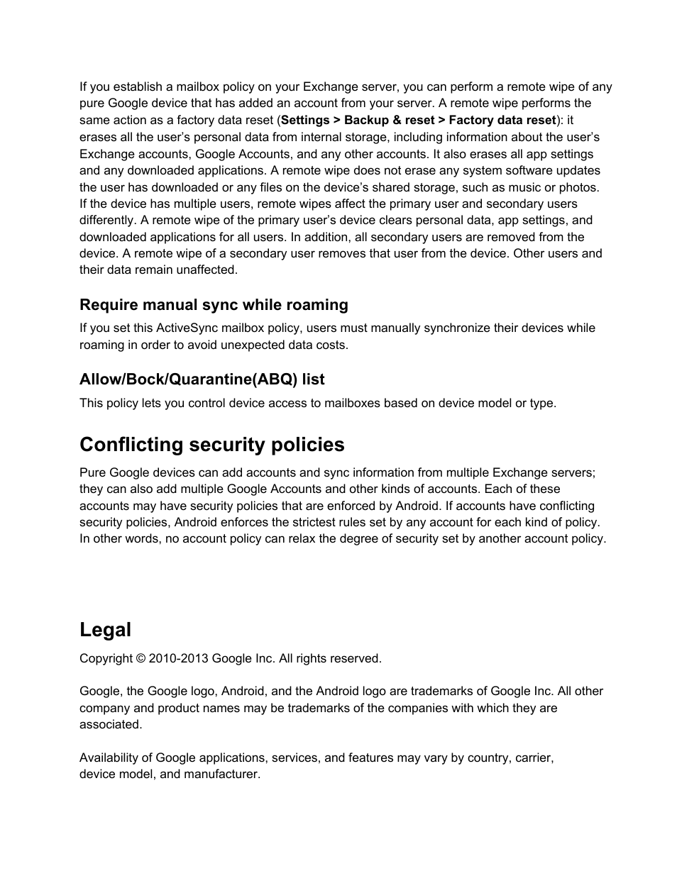 Conflicting security policies, Legal | Google Android support for Microsoft Exchange in pure Google devices User Manual | Page 5 / 5