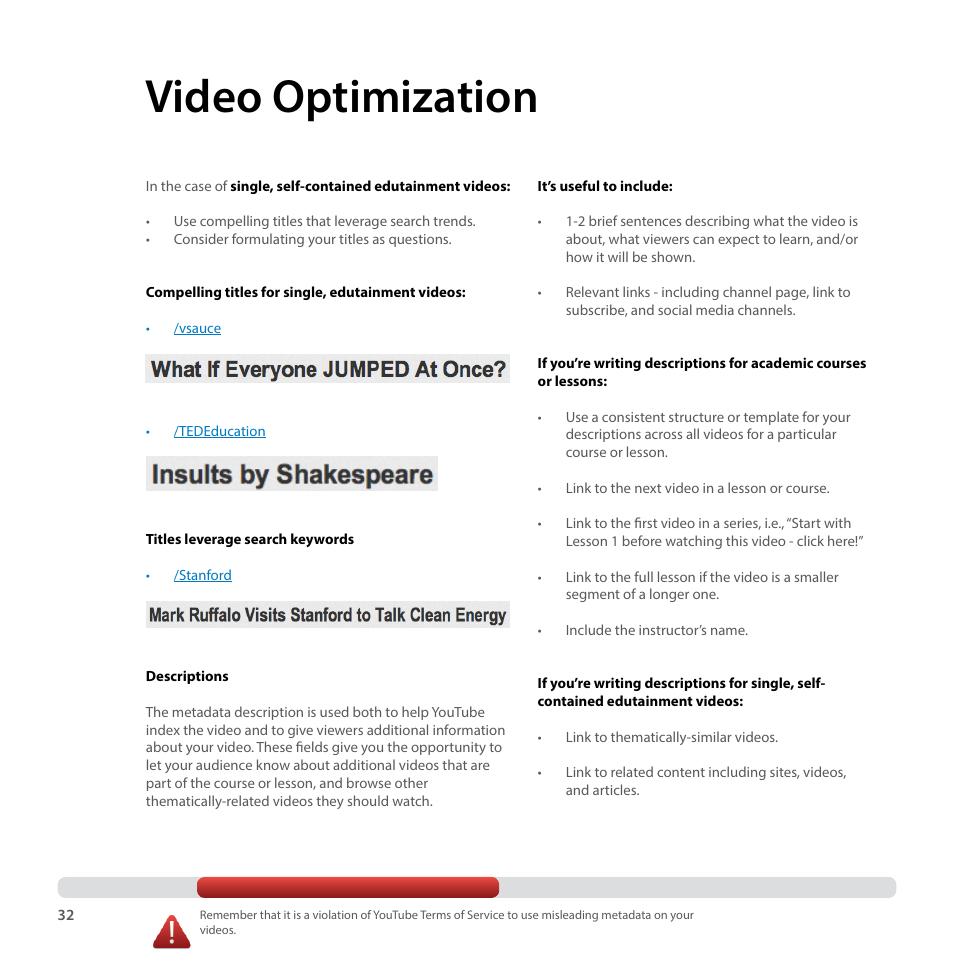 Video optimization | Google YouTube Creator Playbook Guide Education User Manual | Page 32 / 47