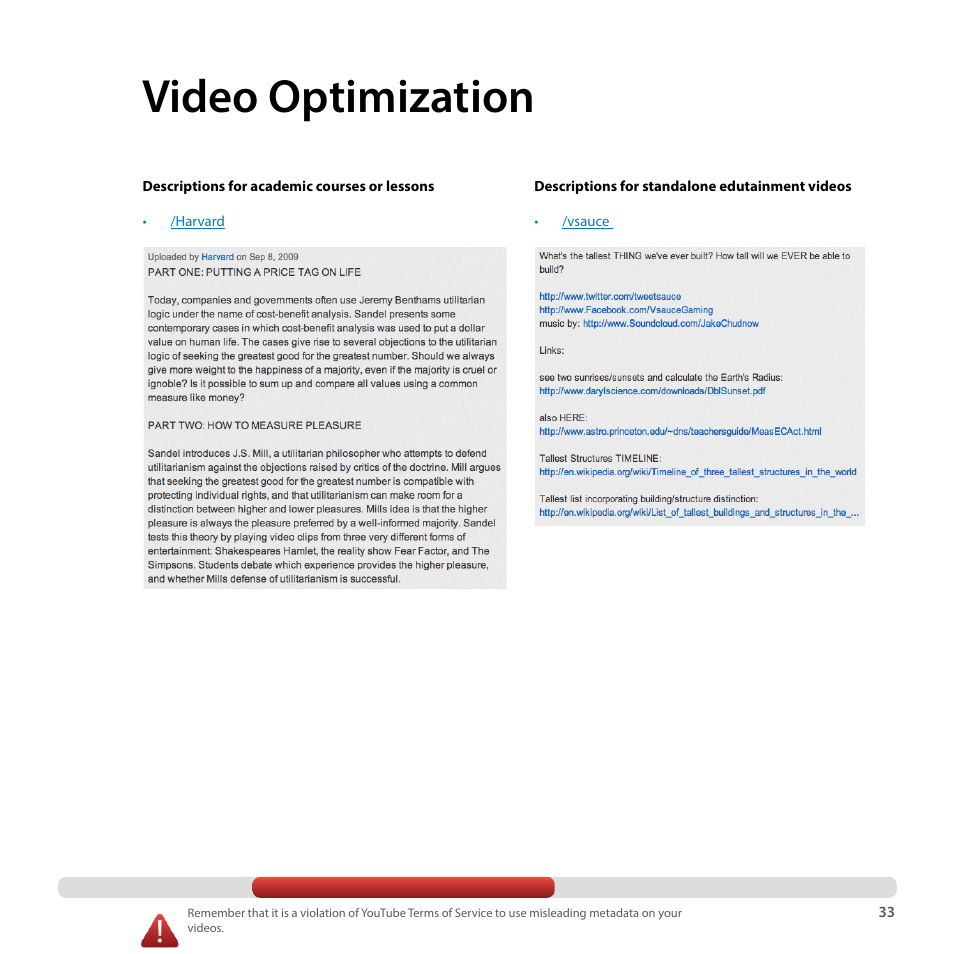 Video optimization | Google YouTube Creator Playbook Guide Education User Manual | Page 33 / 47