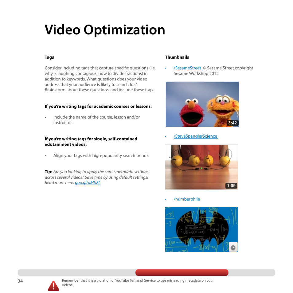 Video optimization | Google YouTube Creator Playbook Guide Education User Manual | Page 34 / 47