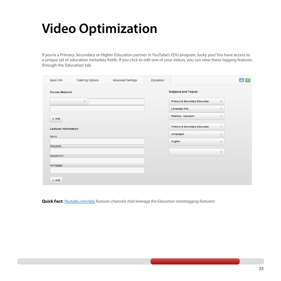 Video optimization | Google YouTube Creator Playbook Guide Education User Manual | Page 35 / 47