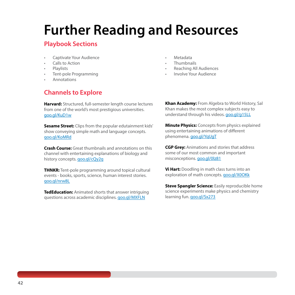 Further reading and resources, Channels to explore | Google YouTube Creator Playbook Guide Education User Manual | Page 42 / 47