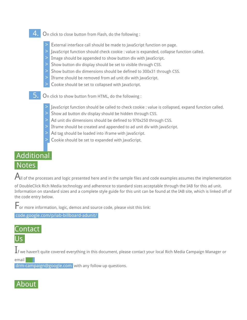 Contact . us, About | Google DoubleClick Build.Guide User Manual | Page 4 / 5