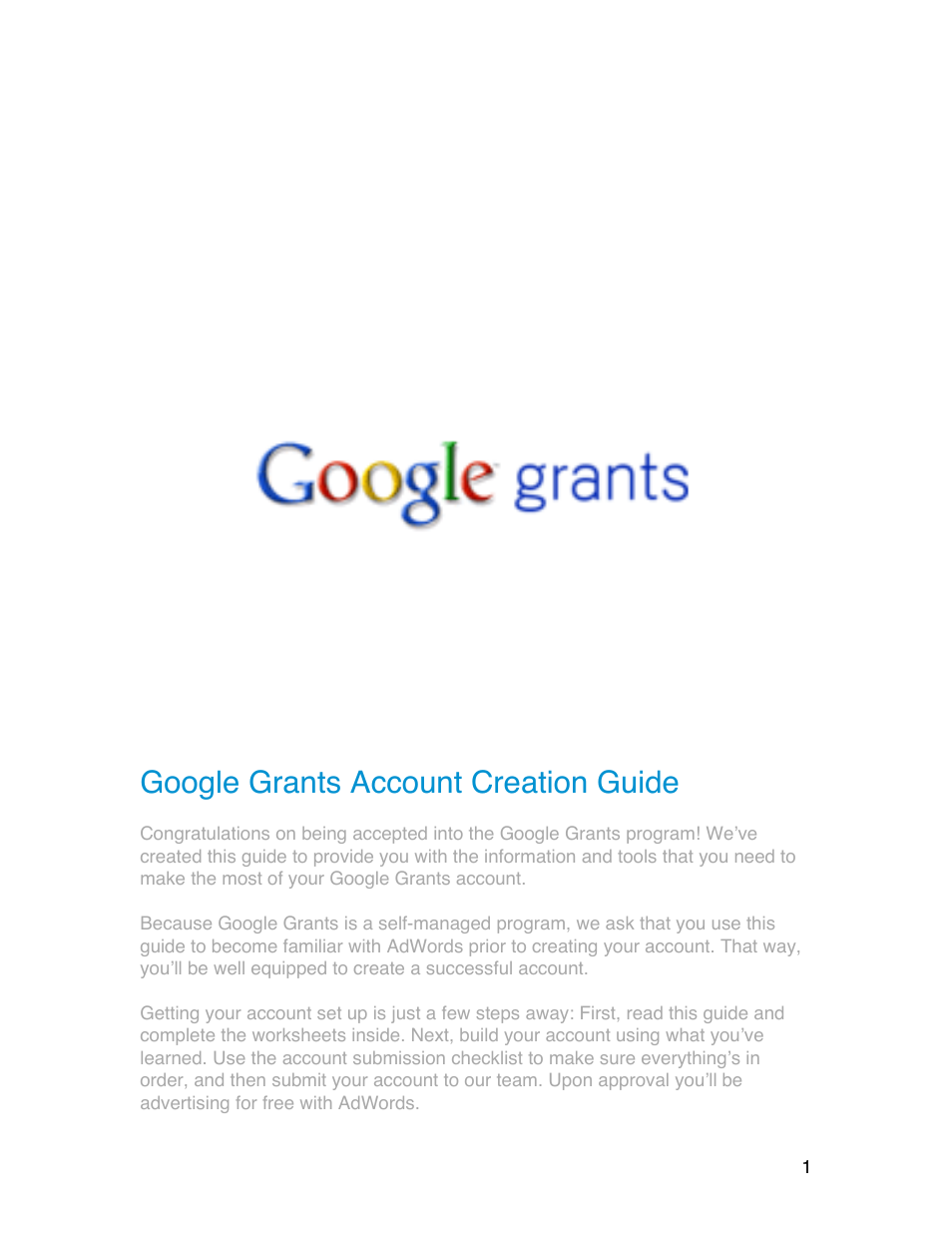 Google Grants Account Creation Guide User Manual | 36 pages