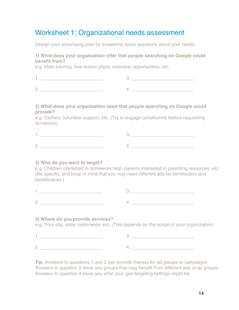 Worksheet 1: organizational needs assessment | Google Grants Account Creation Guide User Manual | Page 14 / 36