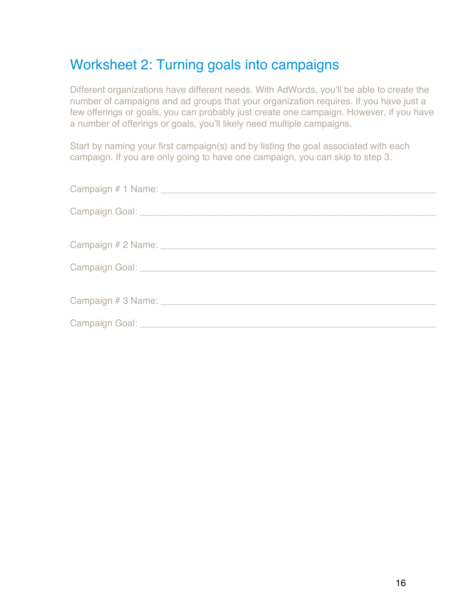 Worksheet 2: turning goals into campaigns | Google Grants Account Creation Guide User Manual | Page 16 / 36