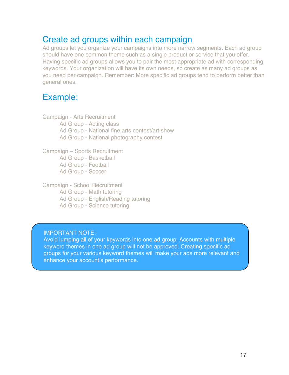Create ad groups within each campaign, Example | Google Grants Account Creation Guide User Manual | Page 17 / 36