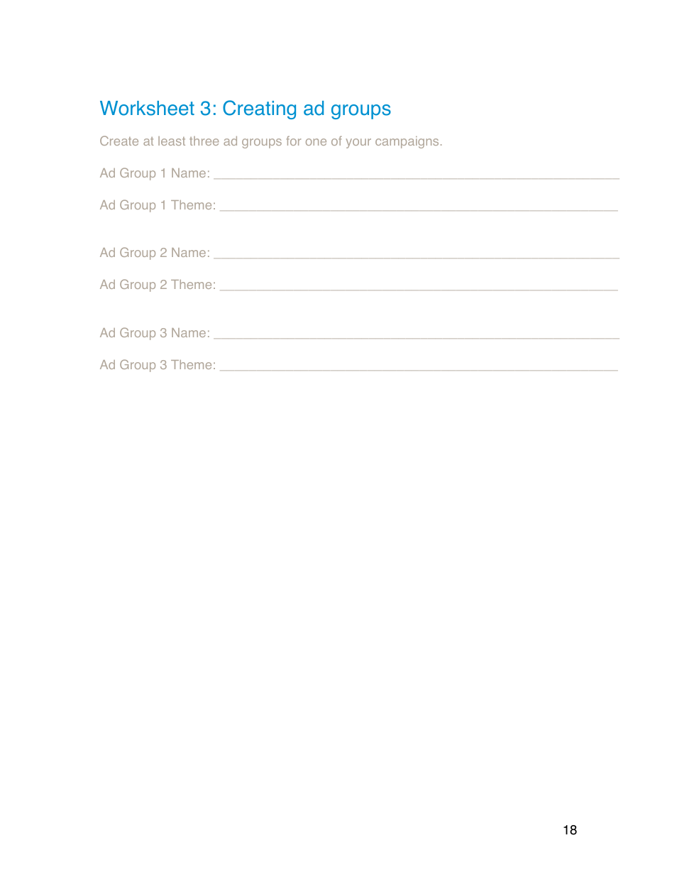 Worksheet 3: creating ad groups | Google Grants Account Creation Guide User Manual | Page 18 / 36