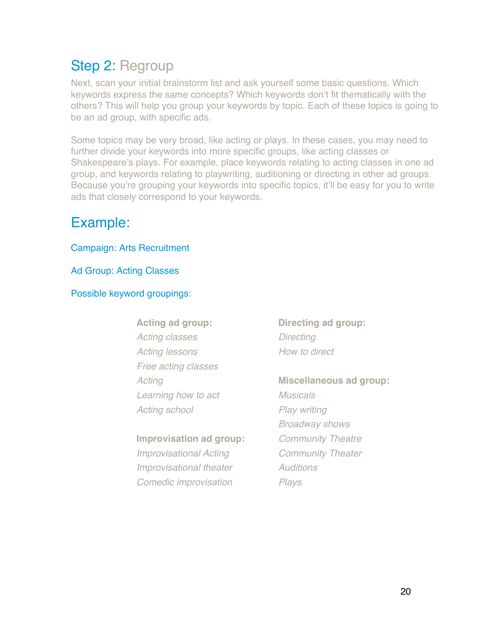 Step 2: regroup, Example | Google Grants Account Creation Guide User Manual | Page 20 / 36