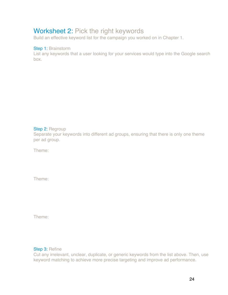 Worksheet 2: pick the right keywords | Google Grants Account Creation Guide User Manual | Page 24 / 36