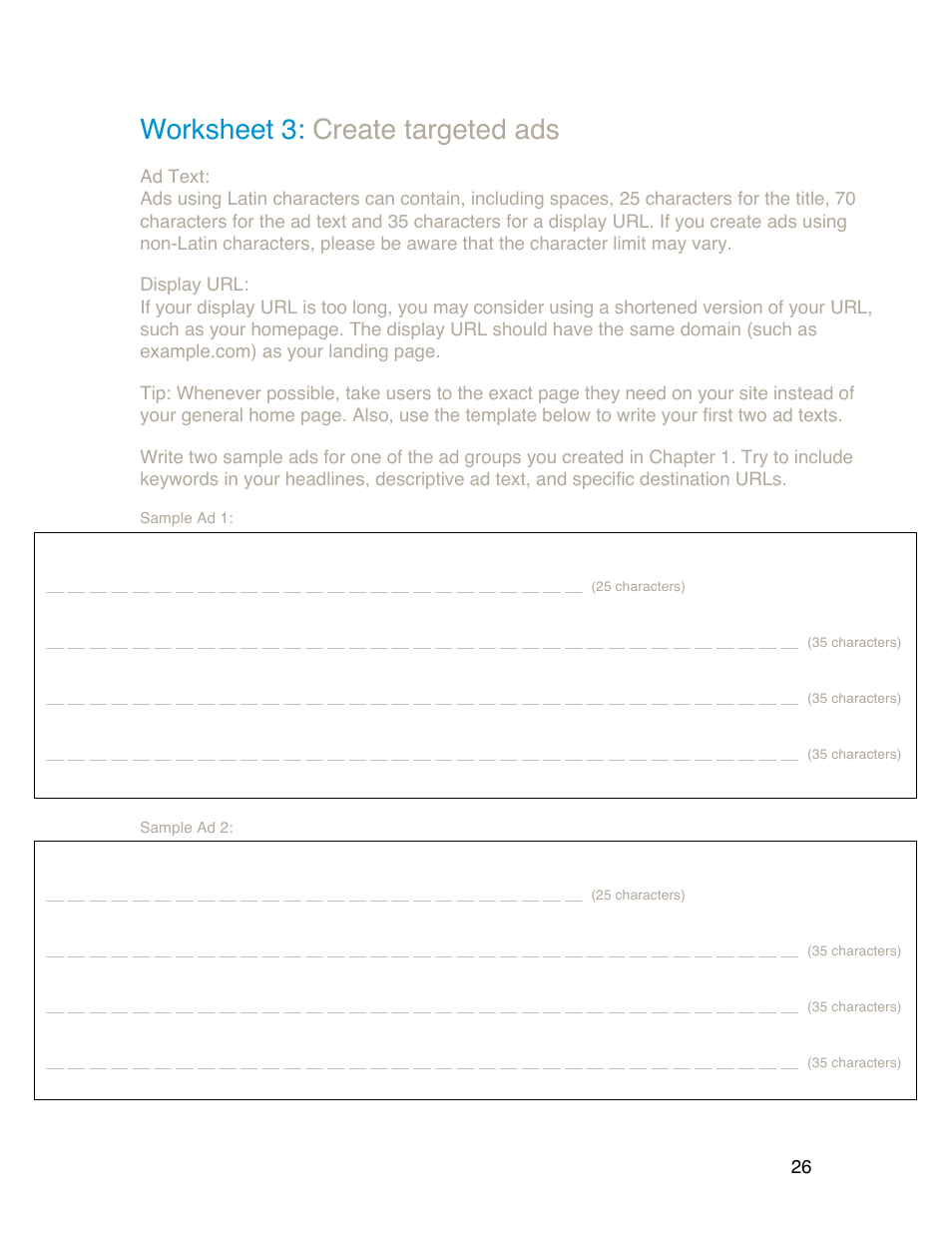 Worksheet 3: create targeted ads | Google Grants Account Creation Guide User Manual | Page 26 / 36