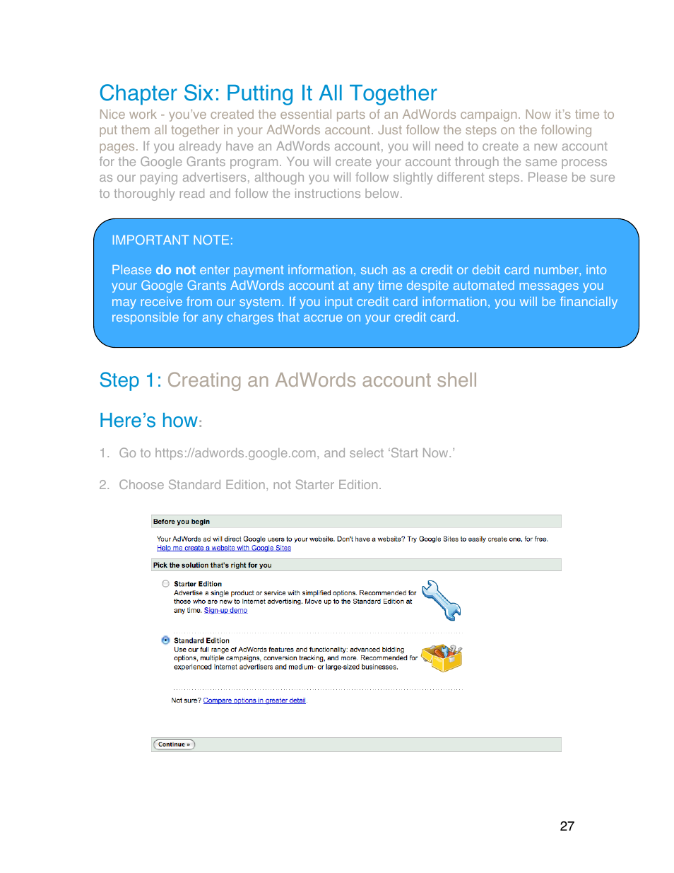 Chapter six: putting it all together, Step 1: creating an adwords account shell, Hereʼs how | Google Grants Account Creation Guide User Manual | Page 27 / 36