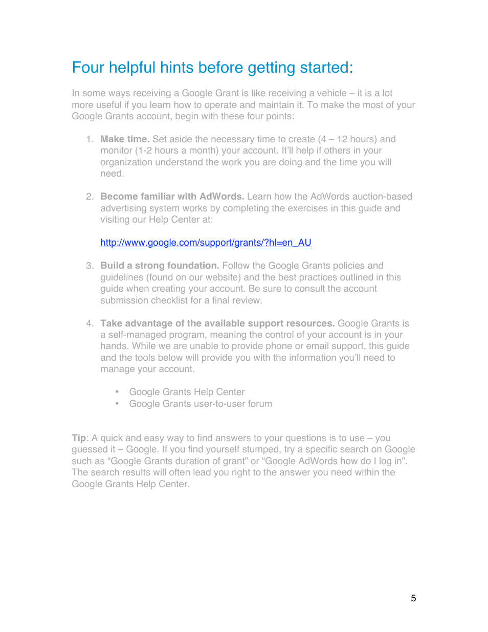 Four helpful hints before getting started | Google Grants Account Creation Guide User Manual | Page 5 / 36
