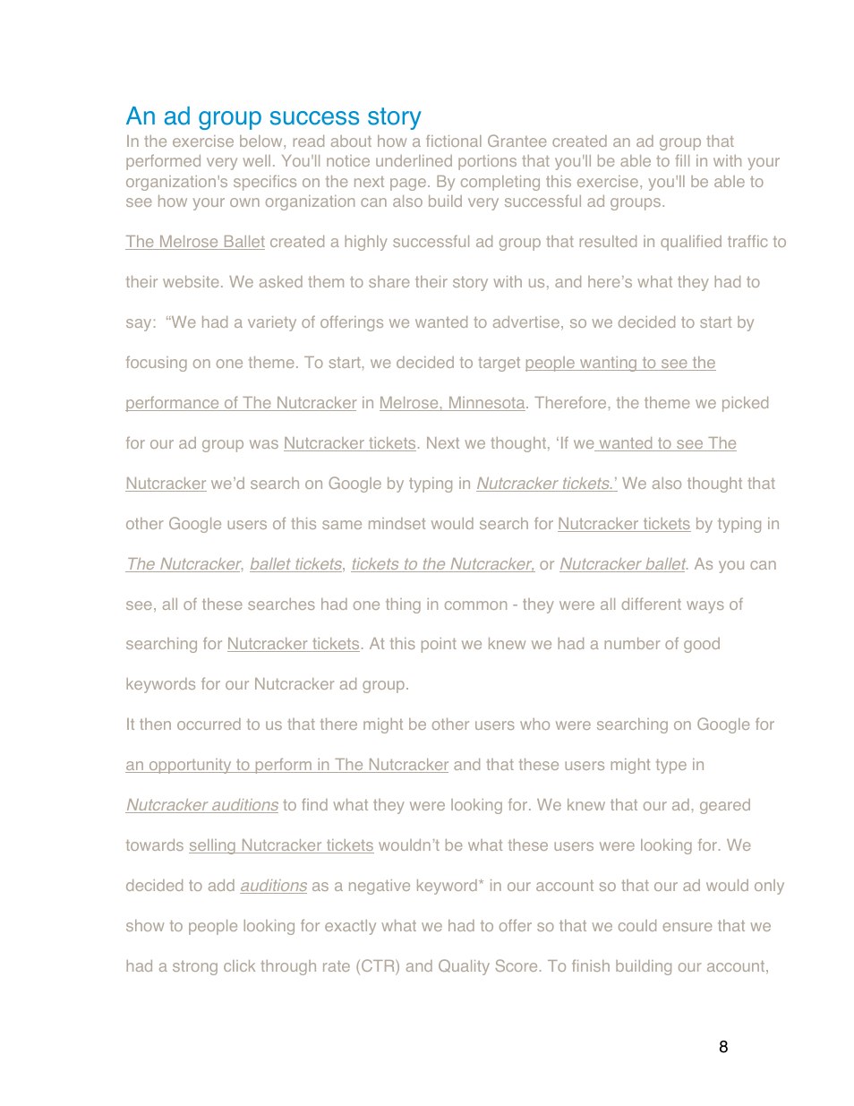 An ad group success story | Google Grants Account Creation Guide User Manual | Page 8 / 36