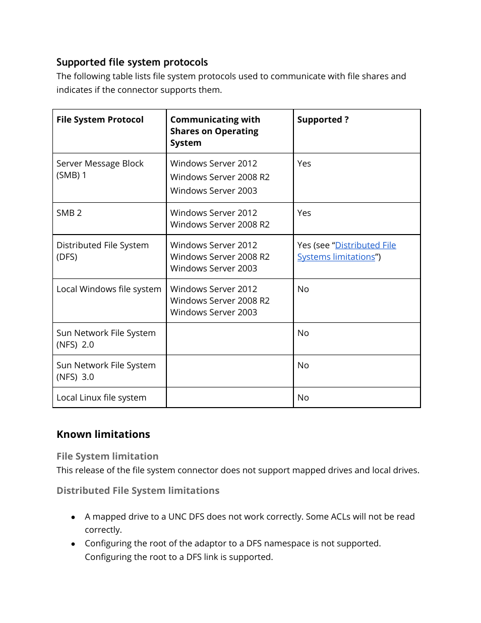 Known limitations, File system limitation, Distributed file system limitations | Google Search Appliance Connectors Deploying the Connector for File Systems User Manual | Page 6 / 18