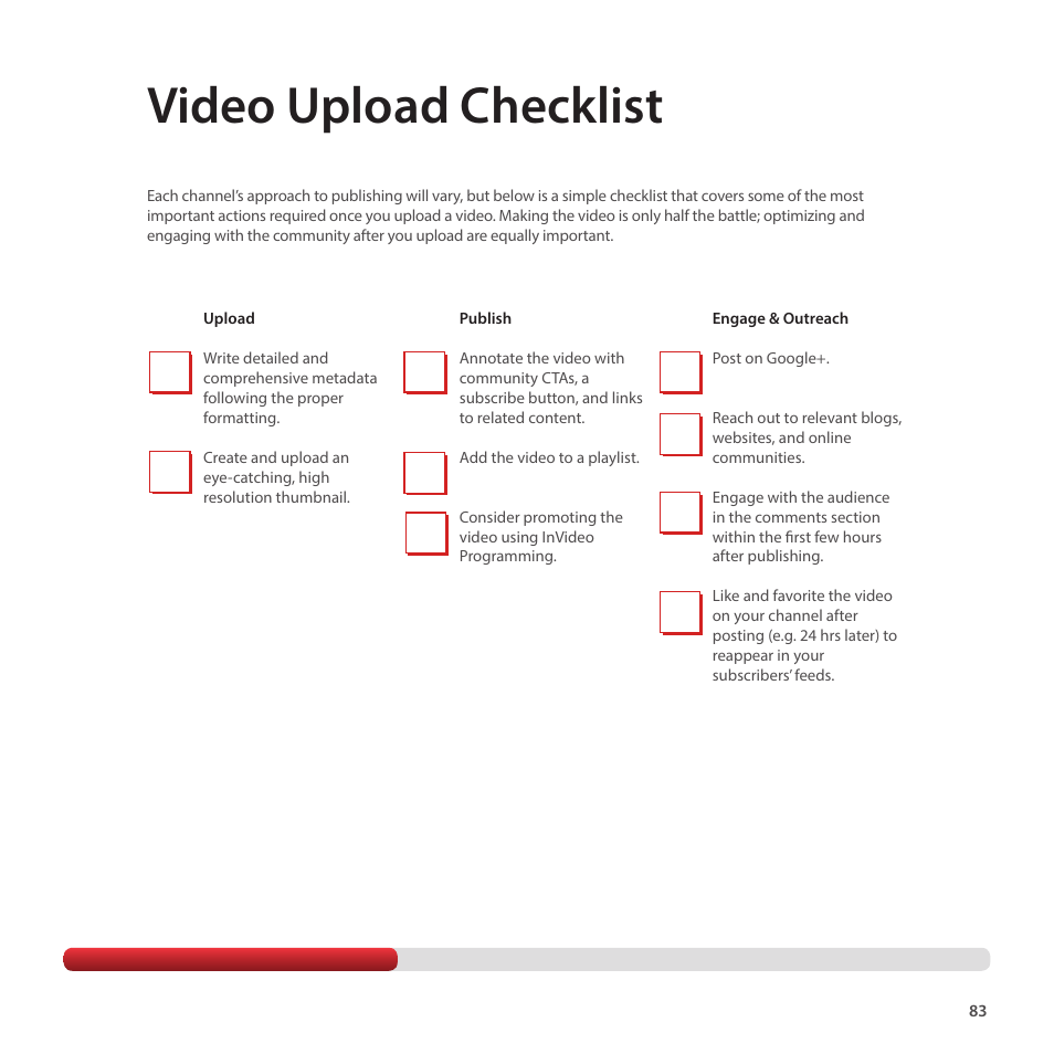 Video upload checklist | Google Creator Playbook Version 4 User Manual | Page 85 / 92