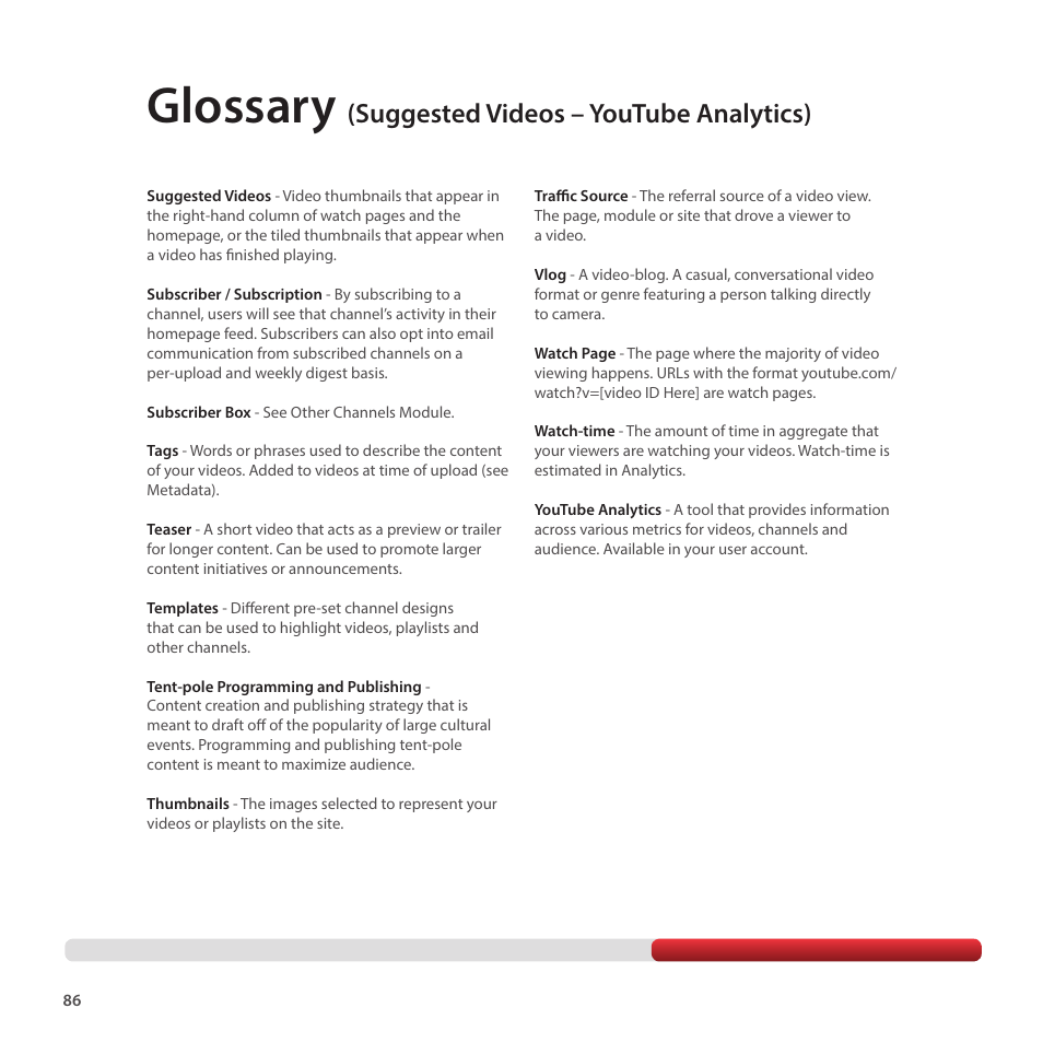 Glossary, Suggested videos – youtube analytics) | Google Creator Playbook Version 4 User Manual | Page 88 / 92