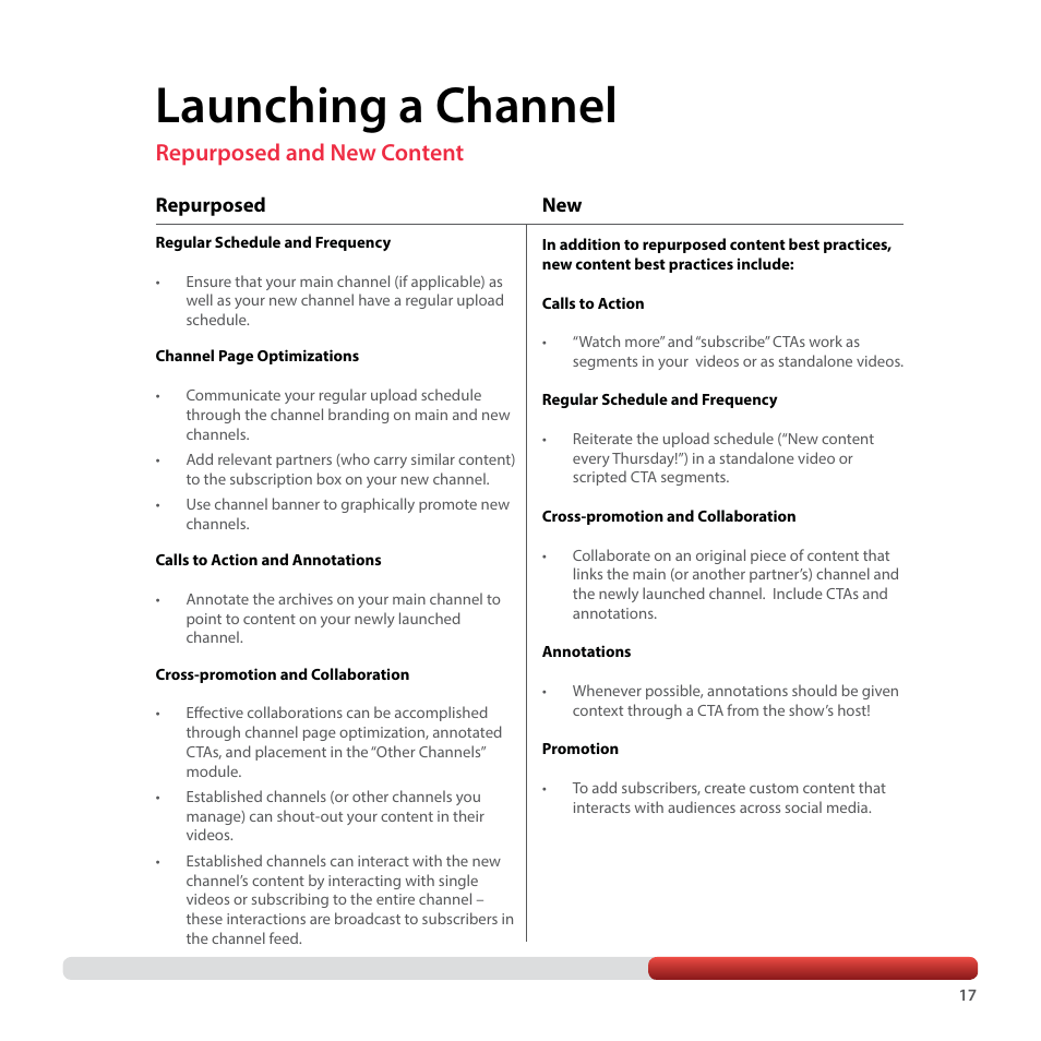 Launching a channel, Repurposed and new content | Google YouTube Creator Playbook Guide Media Companies User Manual | Page 17 / 35