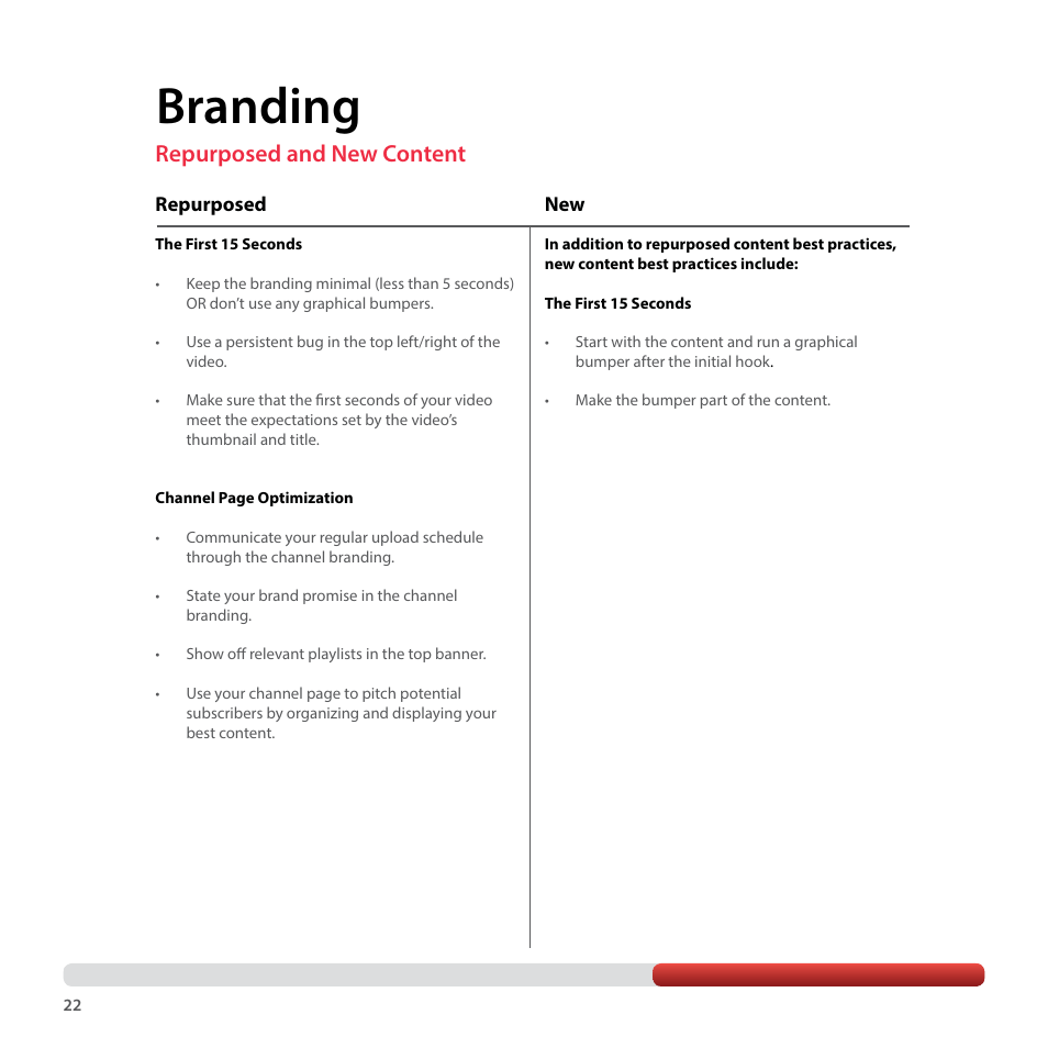 Branding, Repurposed and new content | Google YouTube Creator Playbook Guide Media Companies User Manual | Page 22 / 35