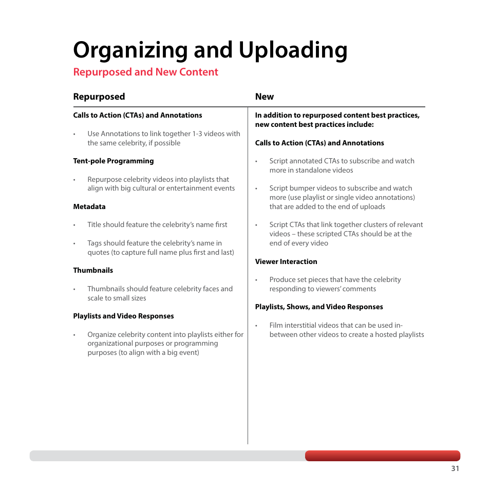 Organizing and uploading, Repurposed and new content | Google YouTube Creator Playbook Guide Media Companies User Manual | Page 31 / 35