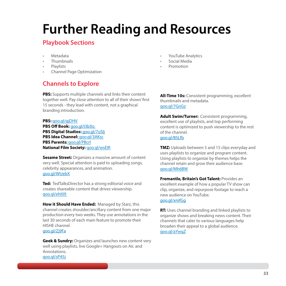 Further reading and resources, Channels to explore | Google YouTube Creator Playbook Guide Media Companies User Manual | Page 33 / 35